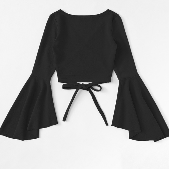 Black Flare Sleeve Tie Top - Picture 2 of 2
